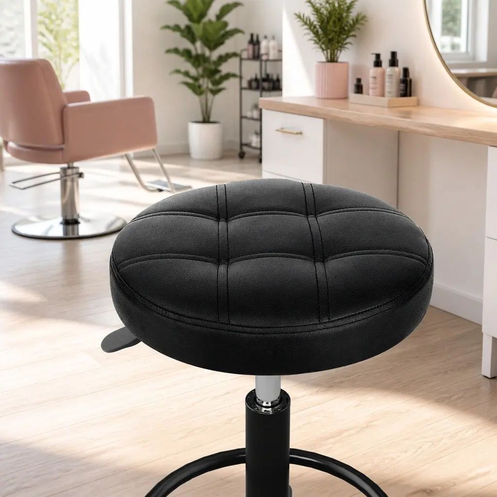 Swivel Chair Adjustable Height Black Round Stool PU Leather Foam Padding Chrome Base Five Castor Wheels