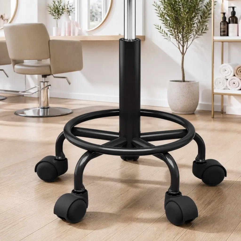 Swivel Chair Adjustable Height Black Round Stool PU Leather Foam Padding Chrome Base Five Castor Wheels