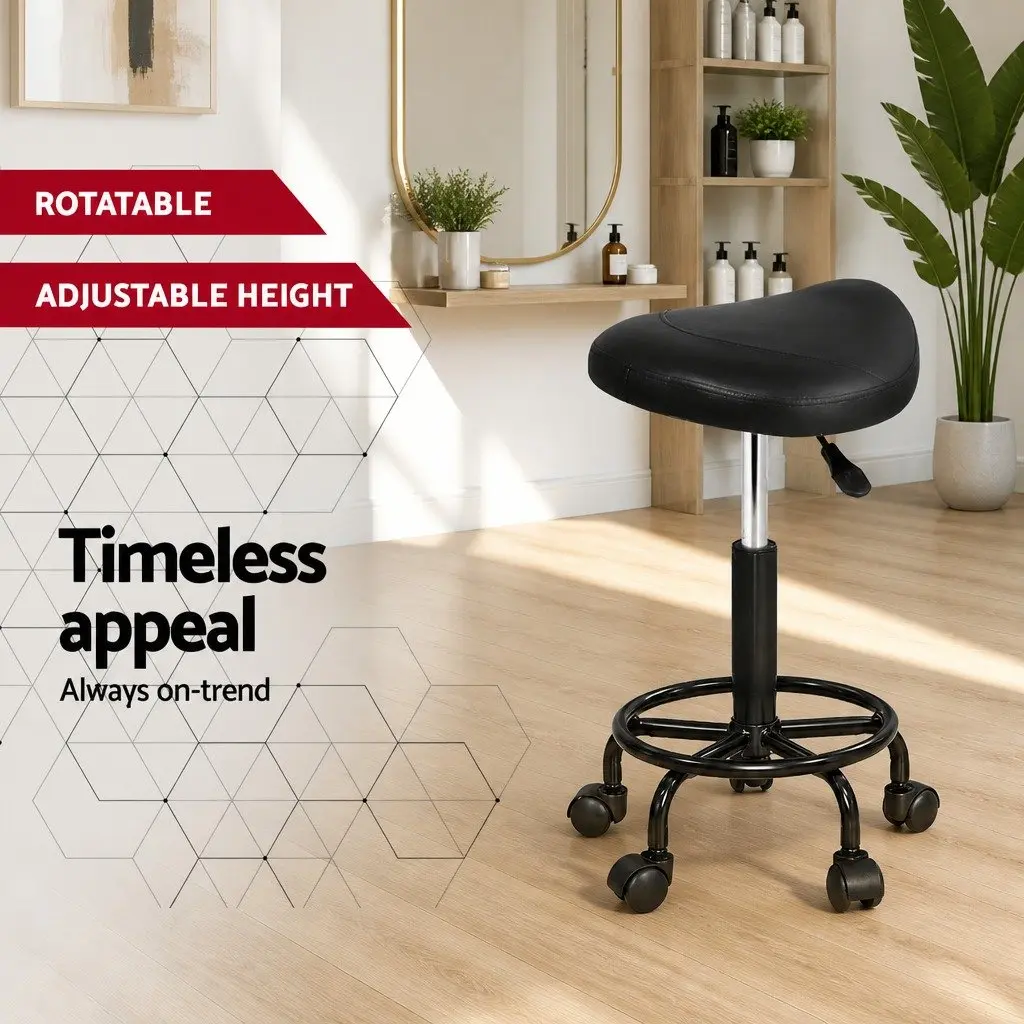 Salon Stool Saddle Swivel Chair Black 360° Rotatable Adjustable Height Castor