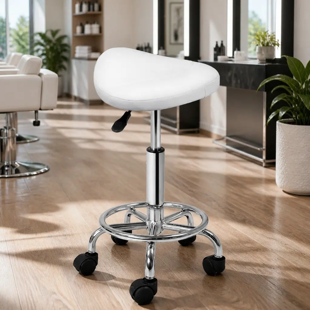 Salon Stool Saddle Swivel Chair White PU Leather Adjustable Height Chrome Iron Base
