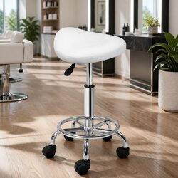 Salon Stool Saddle Swivel Chair White Adjustable Height Rotatable Footrest