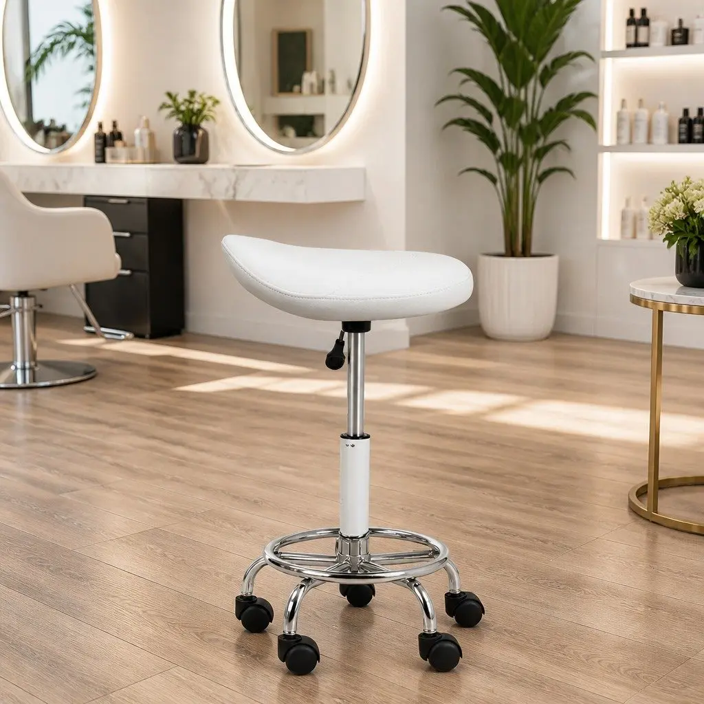 Salon Stool Saddle Swivel Chair White PU Leather Adjustable Height Chrome Iron Base