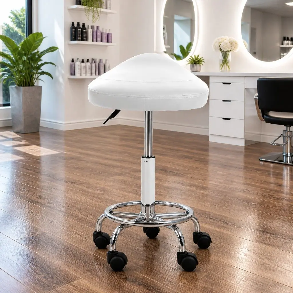 Salon Stool Saddle Swivel Chair White PU Leather Adjustable Height Chrome Iron Base