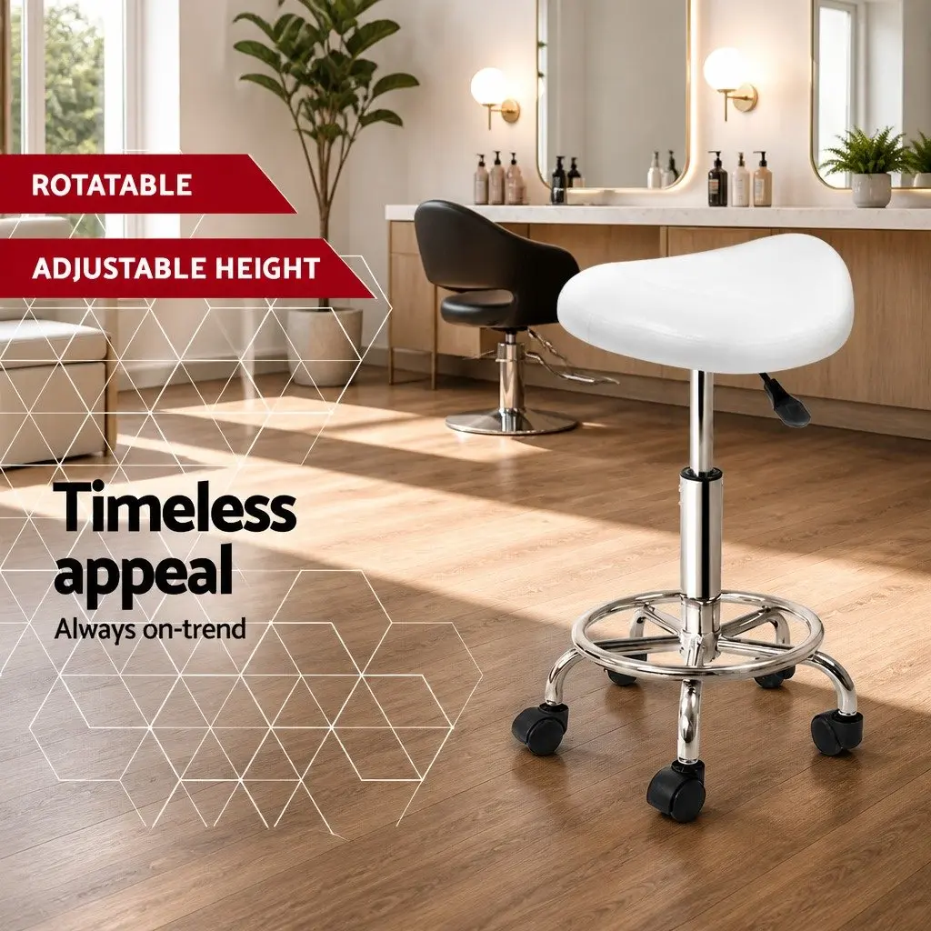 Salon Stool Saddle Swivel Chair White PU Leather Adjustable Height Chrome Iron Base