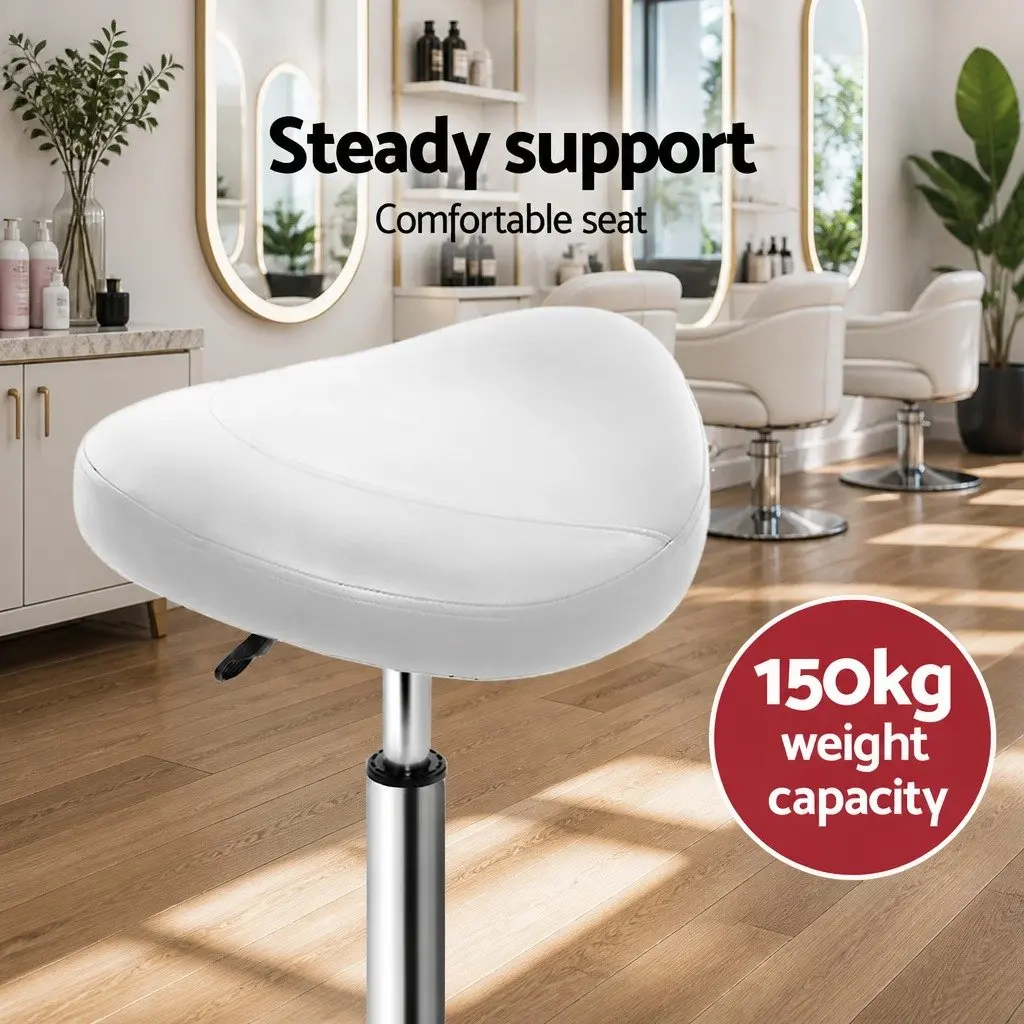 Salon Stool Saddle Swivel Chair White PU Leather Adjustable Height Chrome Iron Base