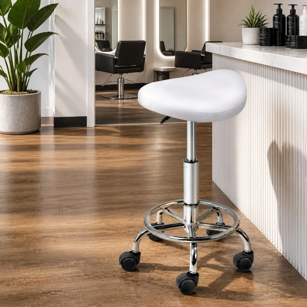 Salon Stool Saddle Swivel Chair White PU Leather Adjustable Height Chrome Iron Base