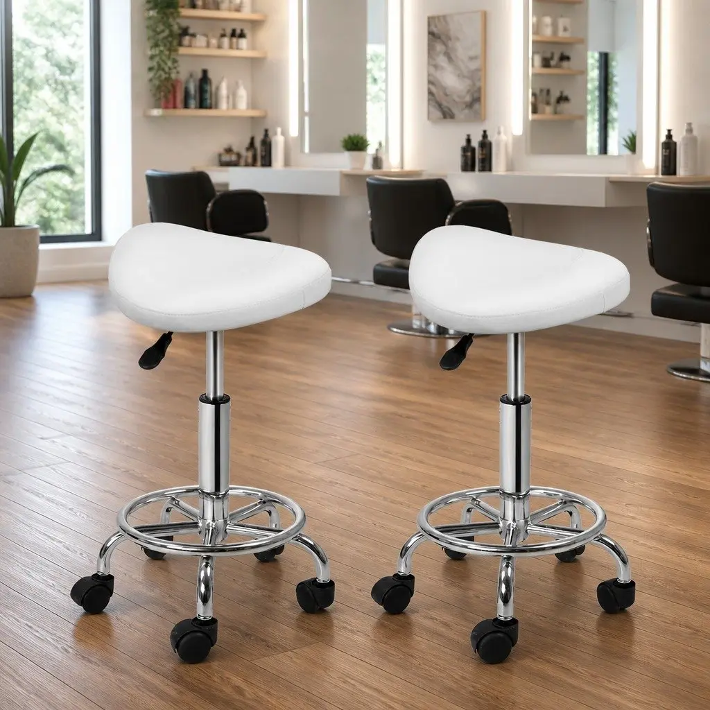 Salon Stool Saddle Seat PU Leather White Adjustable Height 360° Rotatable Chrome Iron Construction