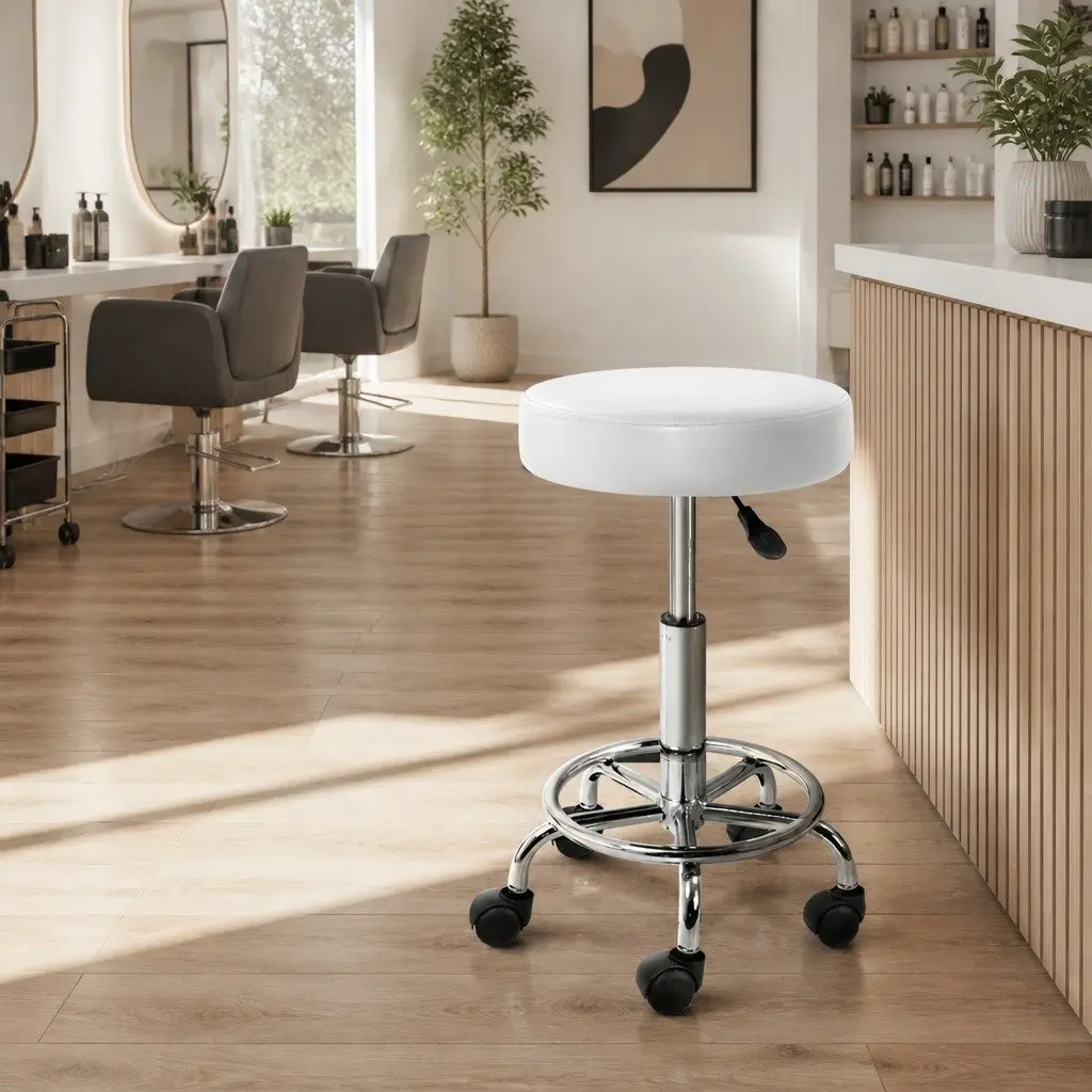 Salon Stool Round Swivel Chair Adjustable Height PU Leather White Chrome Iron