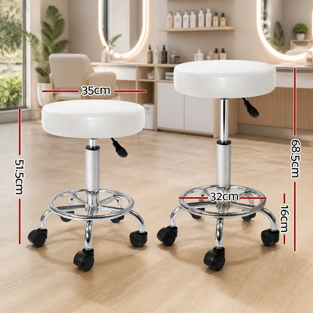 Salon Stool Round Swivel Chair White Adjustable Height Footrest Castor Wheels x2