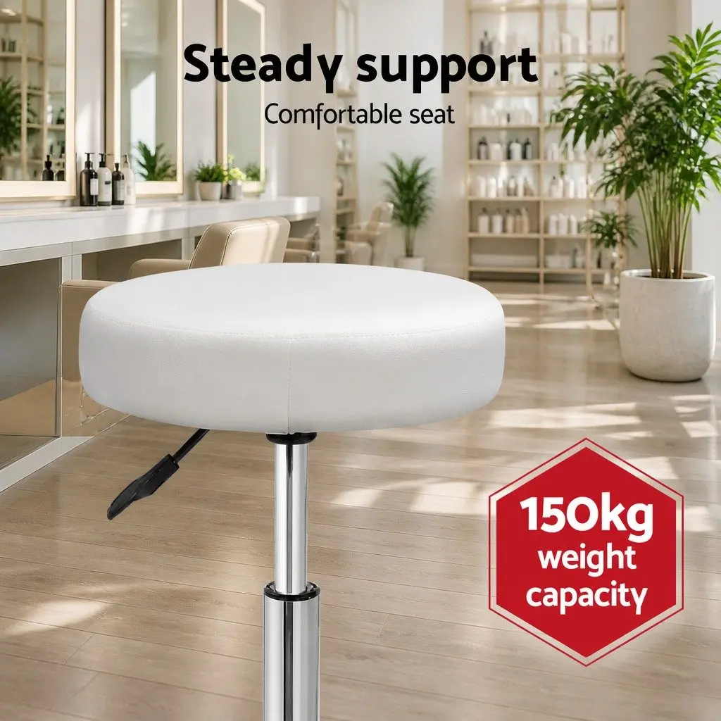 Salon Stool Round Swivel Chair White Adjustable Height Footrest Castor Wheels x2
