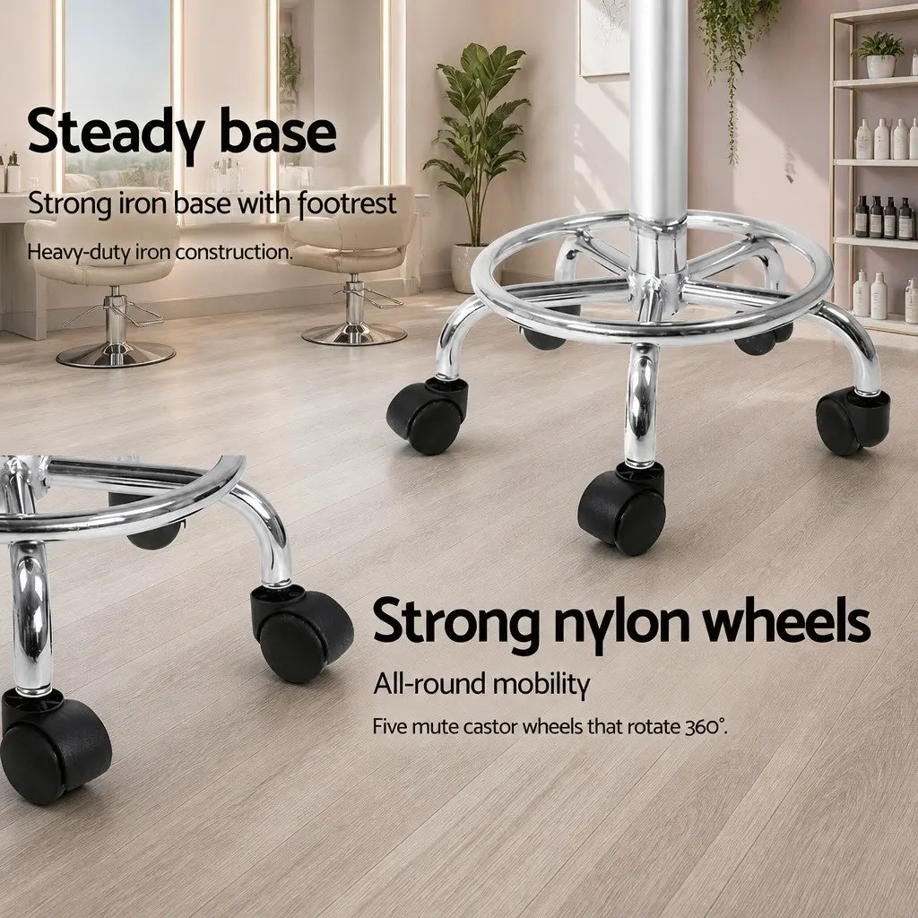 Salon Stool Round Swivel Chair White Adjustable Height Footrest Castor Wheels x2