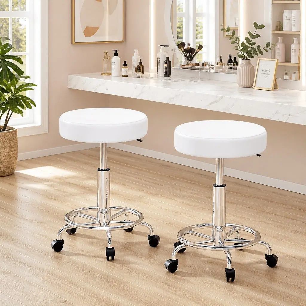 Salon Stool Round Swivel Chair White Adjustable Height Footrest Castor Wheels x2