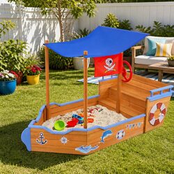 Wooden Boat Sandbox with Canopy for Backyard Adventures