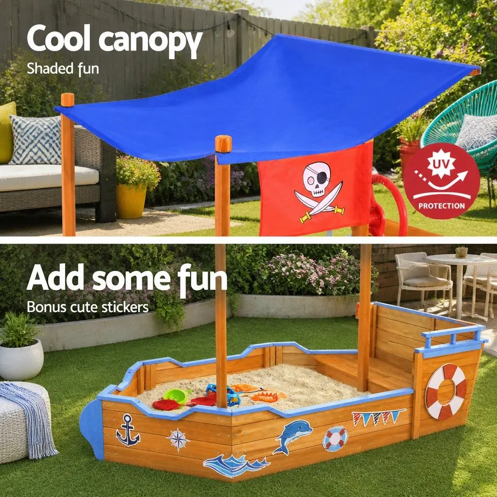 Kids Wooden Boat Sandbox with Canopy Natural Wood Size 80 x 165 x 102cm