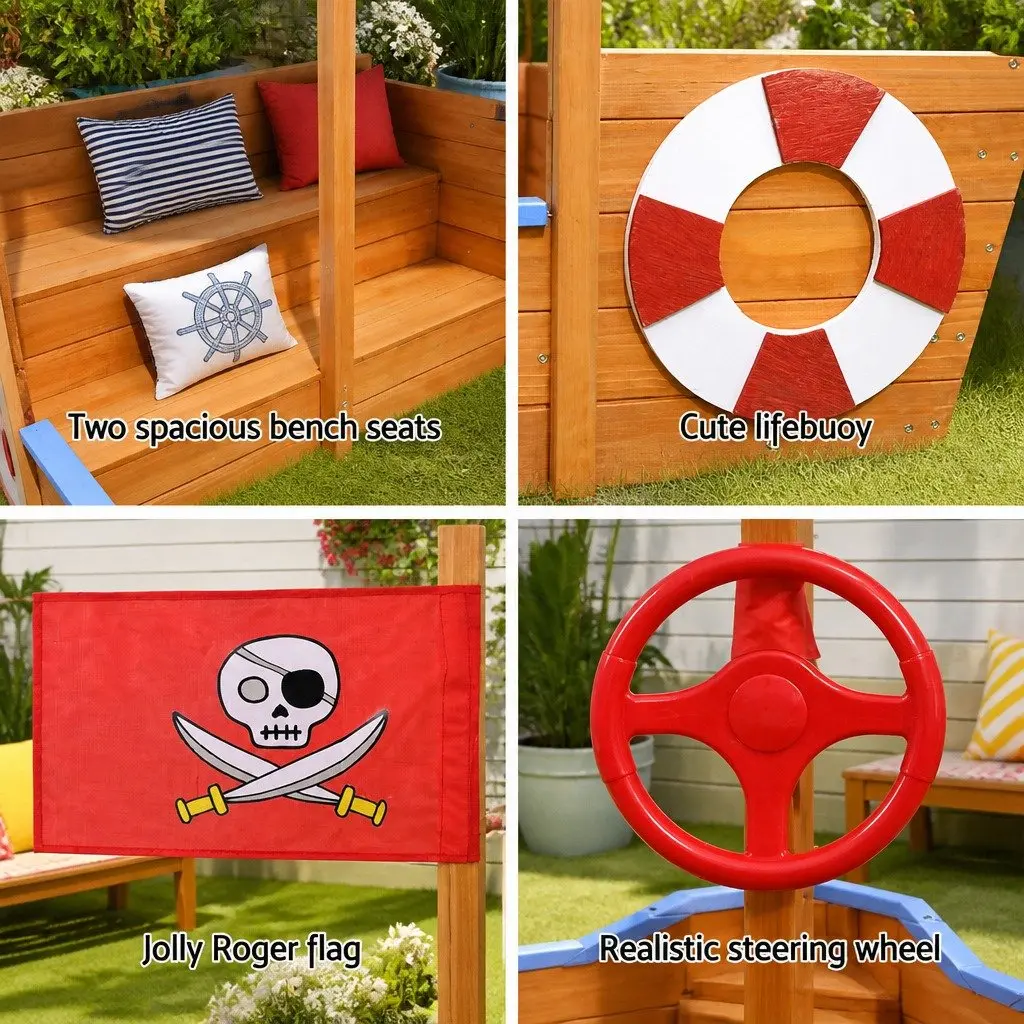 Kids Wooden Boat Sandbox with Canopy Natural Wood Size 80 x 165 x 102cm