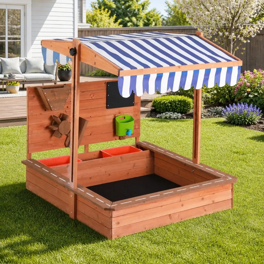 Wooden Sandbox with Adjustable Canopy 110cm Oak Colour Outdoor Playset for Kids