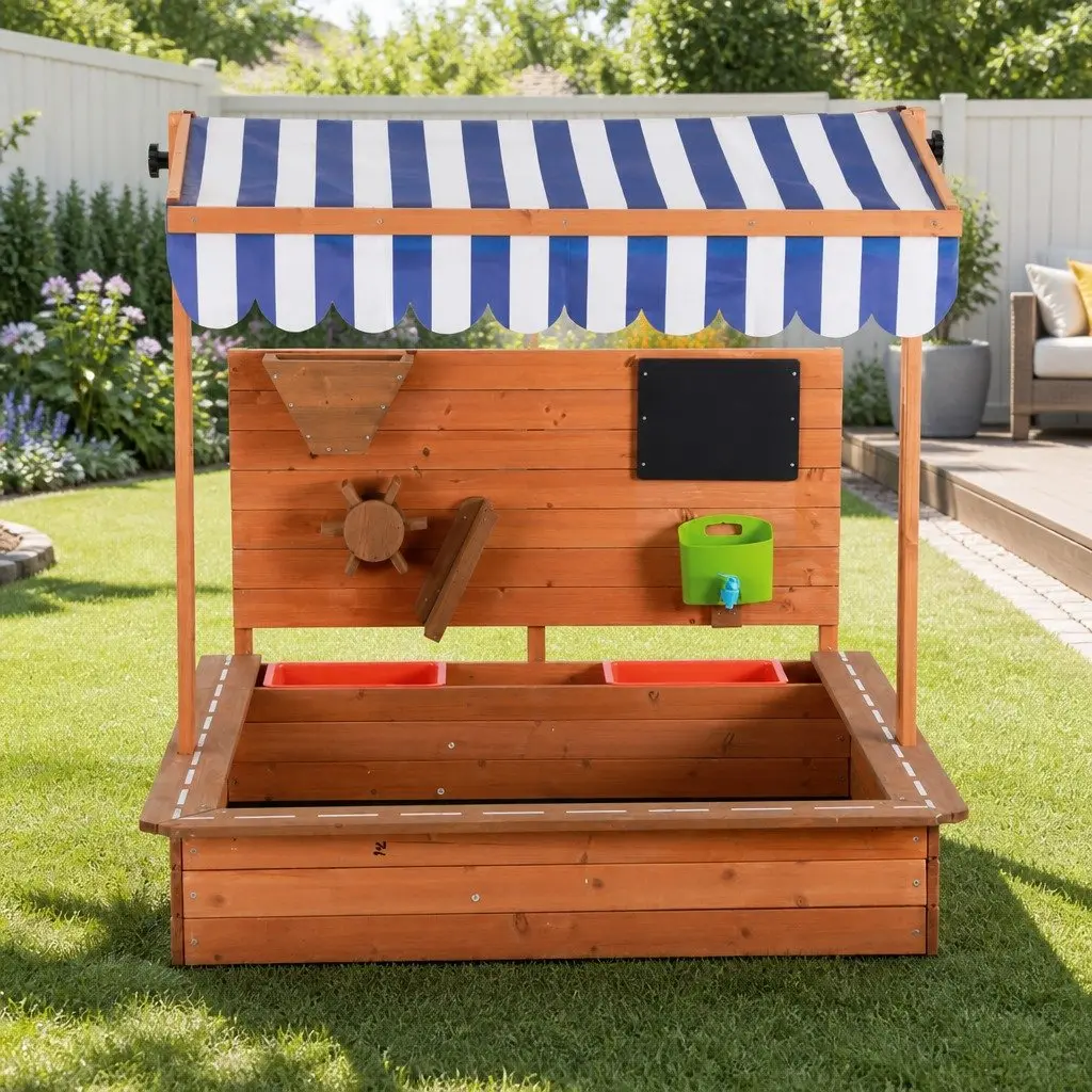 Wooden Sandbox with Adjustable Canopy 110cm Oak Colour Outdoor Playset for Kids