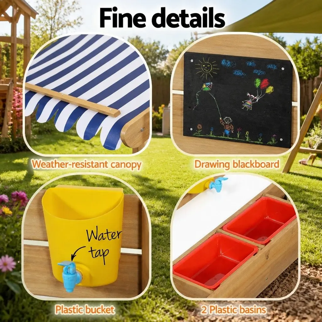 Kids Wooden Sandbox with Canopy Water Basin Drawing Board Natural Blue and White 113x117x146.5 cm