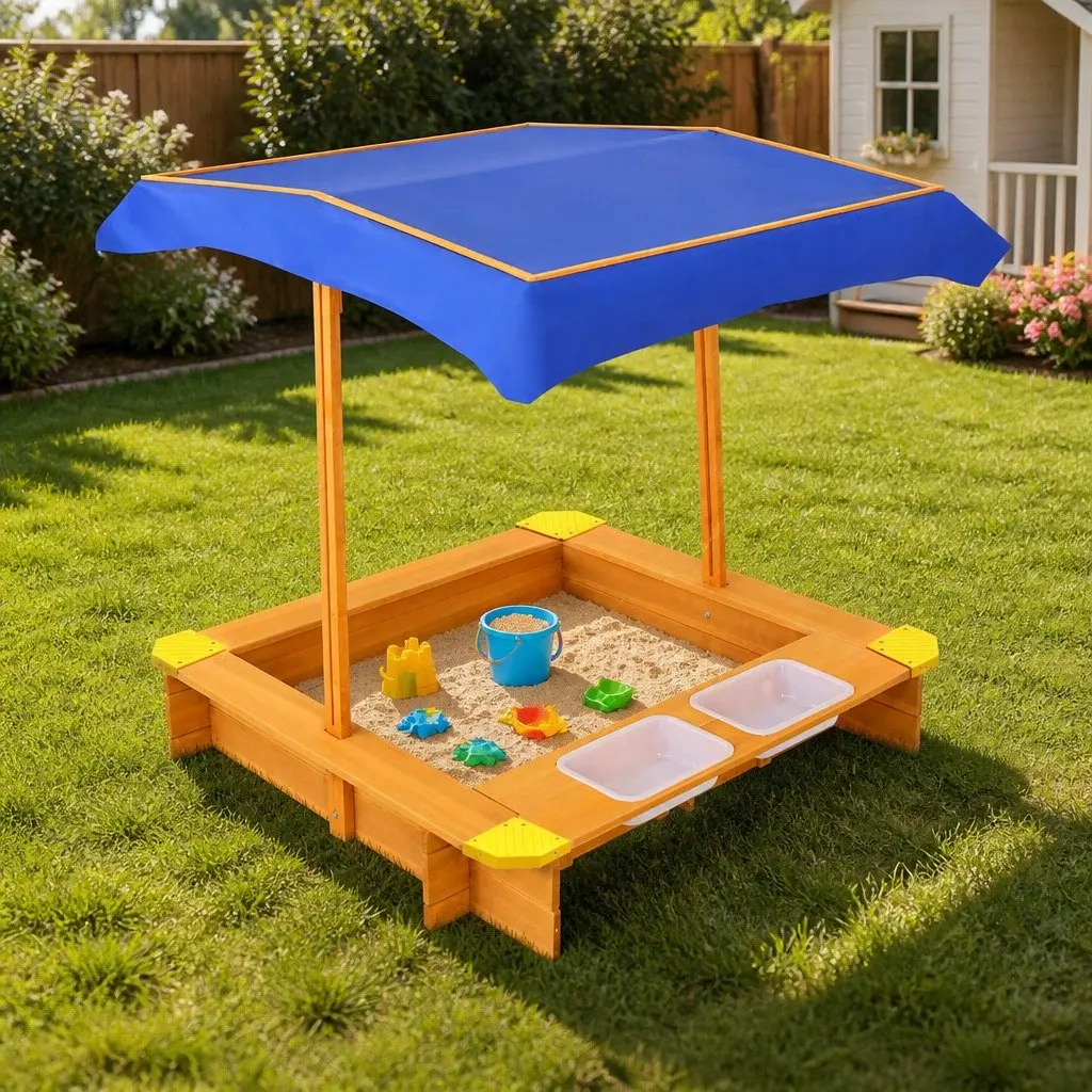 Outdoor Play Equipment Wooden Sandbox 103cm Natural Wood Adjustable Canopy Dual Water Basins
