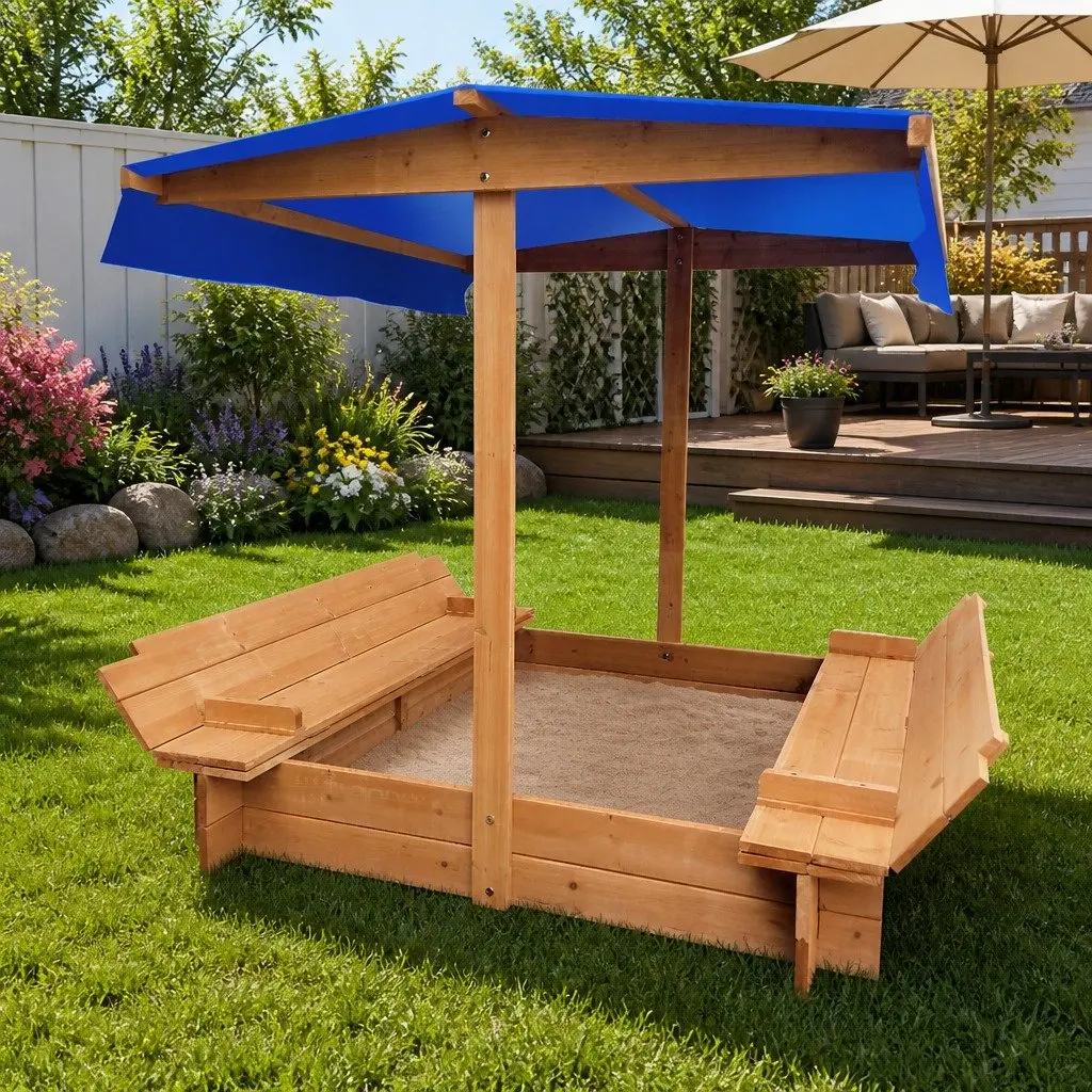 Kids Sandbox Wooden 120cm Natural Wood Canopy Play Pit Outdoor