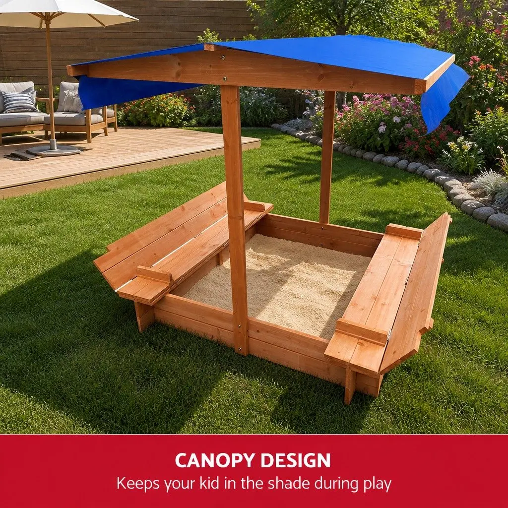 Kids Sandbox Wooden 120cm Natural Wood Canopy Play Pit Outdoor