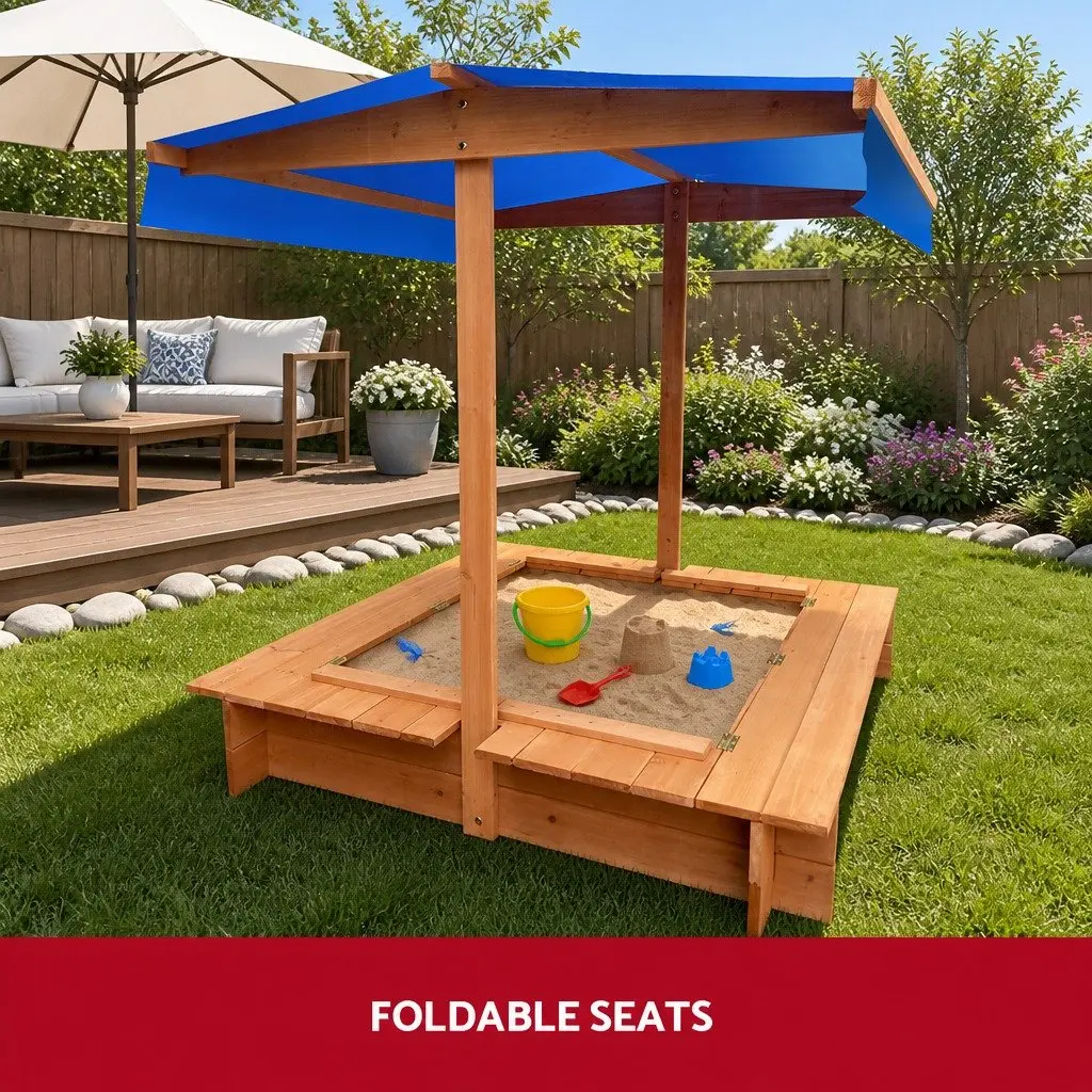 Kids Sandbox Wooden 120cm Natural Wood Canopy Play Pit Outdoor