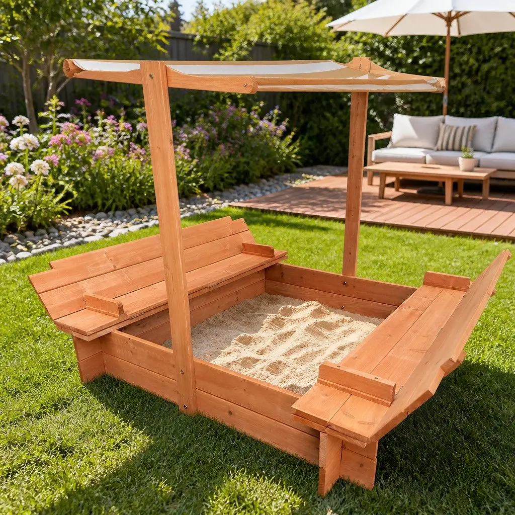 Kids Sandbox Wooden 120cm Natural Wood Canopy Play Pit Outdoor