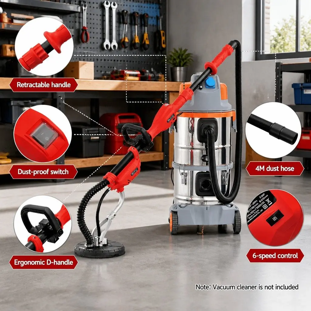 Drywall Sander 800W Extendable Arm 1.6m Black Red 6 Speed Control