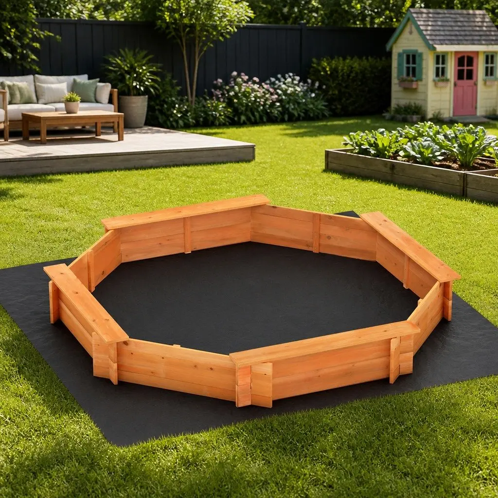 Kids Wooden Sandpit Octagon Shape 182cm Natural Colour with Bench Seat