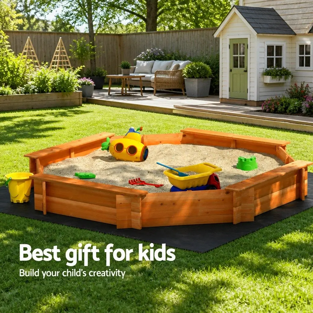 Kids Wooden Sandpit Octagon Shape 182cm Natural Colour with Bench Seat