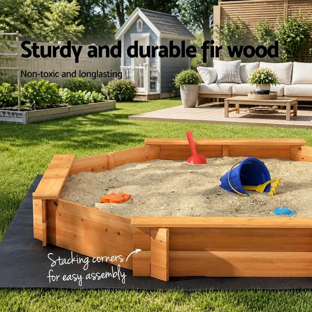 Kids Wooden Sandpit Octagon Shape 182cm Natural Colour with Bench Seat