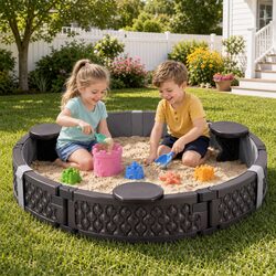 Kids Outdoor Sandbox Round 121cm Sandpit 3 Seats Brown Cover Liner Backyard