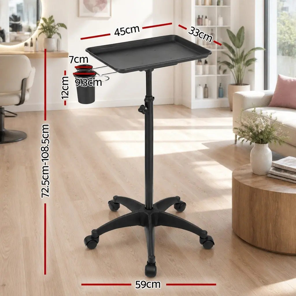 Salon Trolley Cart Aluminum Tray Adjustable Height Five Wheels Black