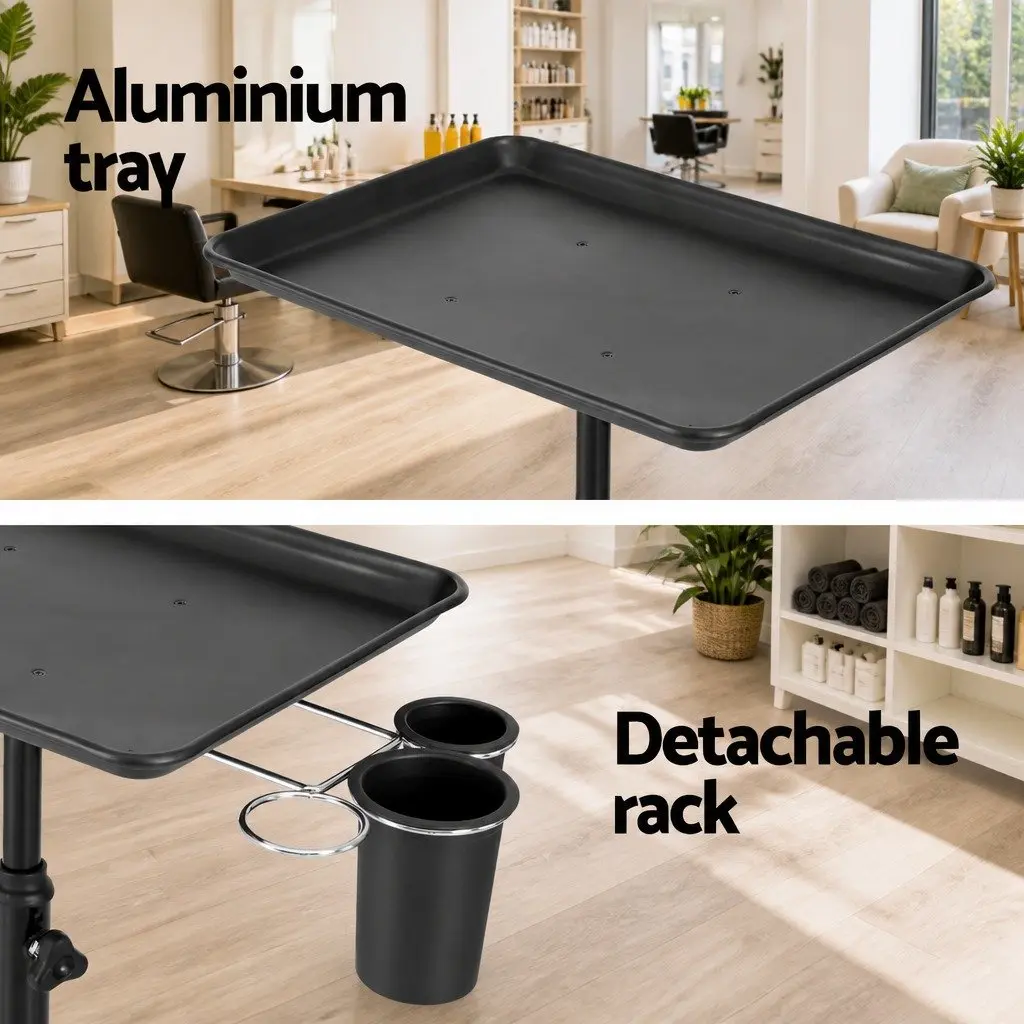 Salon Trolley Cart Aluminum Tray Adjustable Height Five Wheels Black