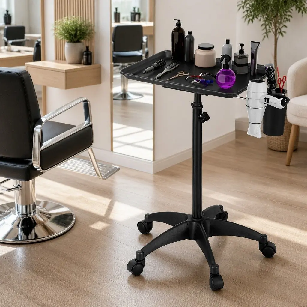 Salon Trolley Cart Aluminum Tray Adjustable Height Five Wheels Black
