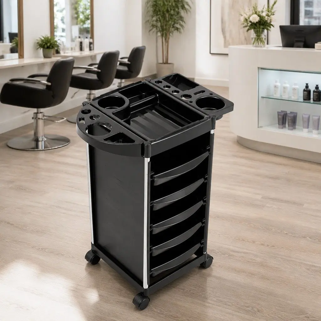 Salon Trolley Cart Metal 6 Tier Rolling Storage Black