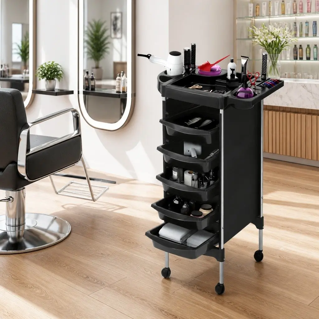 Salon Trolley Cart Metal 6 Tier Rolling Storage Black