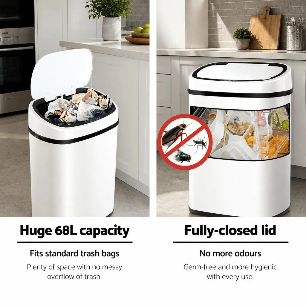 Automatic Bin White Steel 68L Kitchen Hands-Free Motion Sensor
