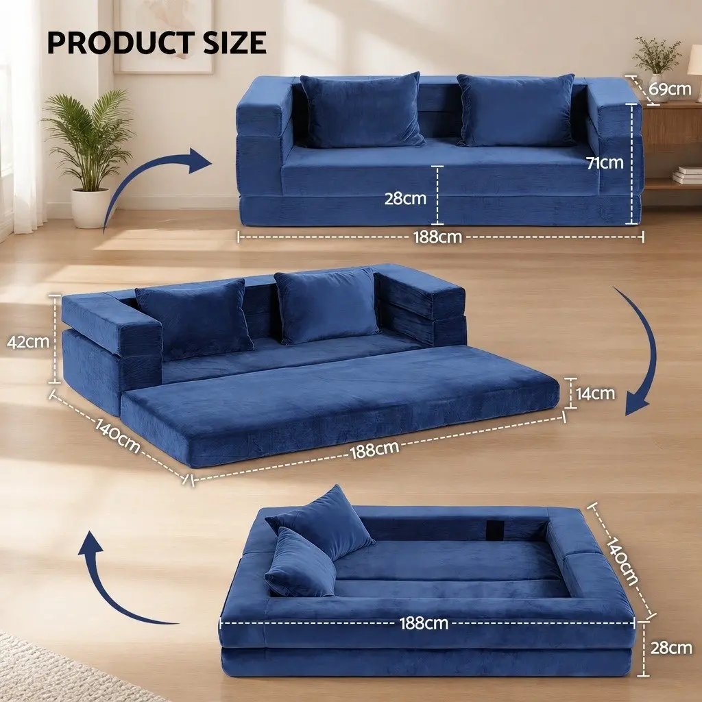 Convertible Sofa Bed Velvet Fabric 3-in-1 Lounger Blue
