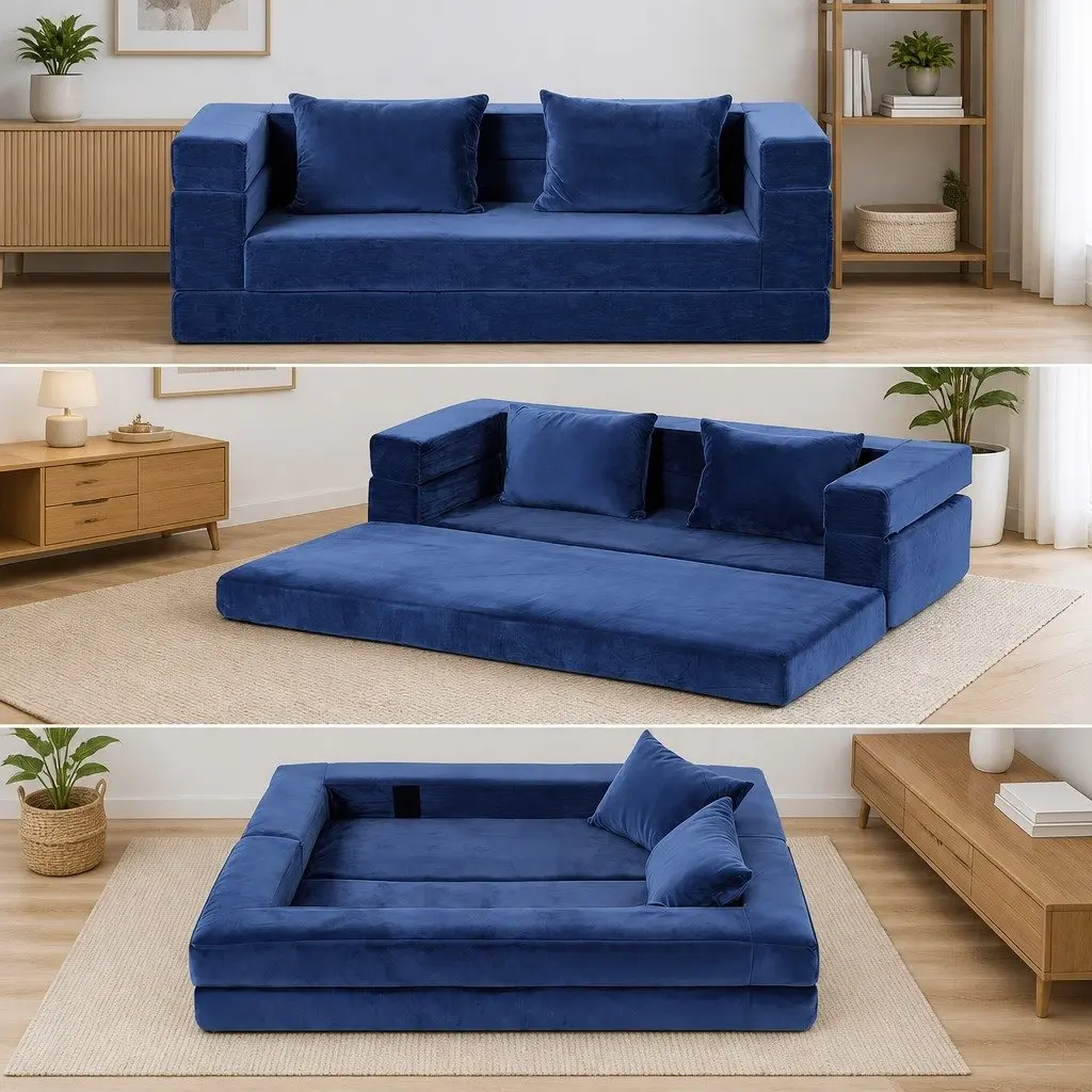 Convertible Sofa Bed Velvet Fabric 3-in-1 Lounger Blue