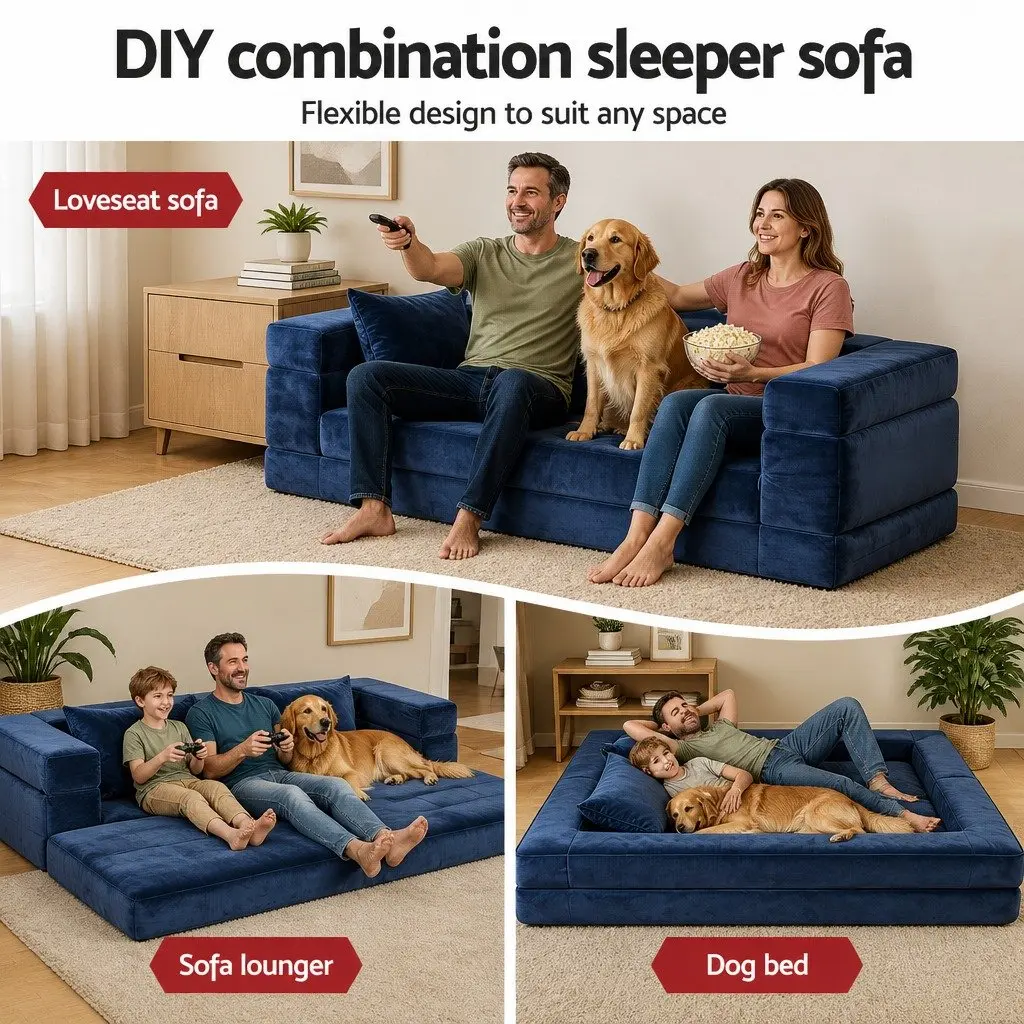 Convertible Sofa Bed Velvet Fabric 3-in-1 Lounger Blue