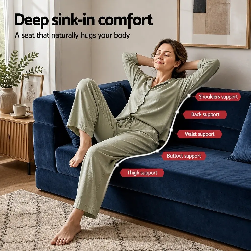 Convertible Sofa Bed Velvet Fabric 3-in-1 Lounger Blue