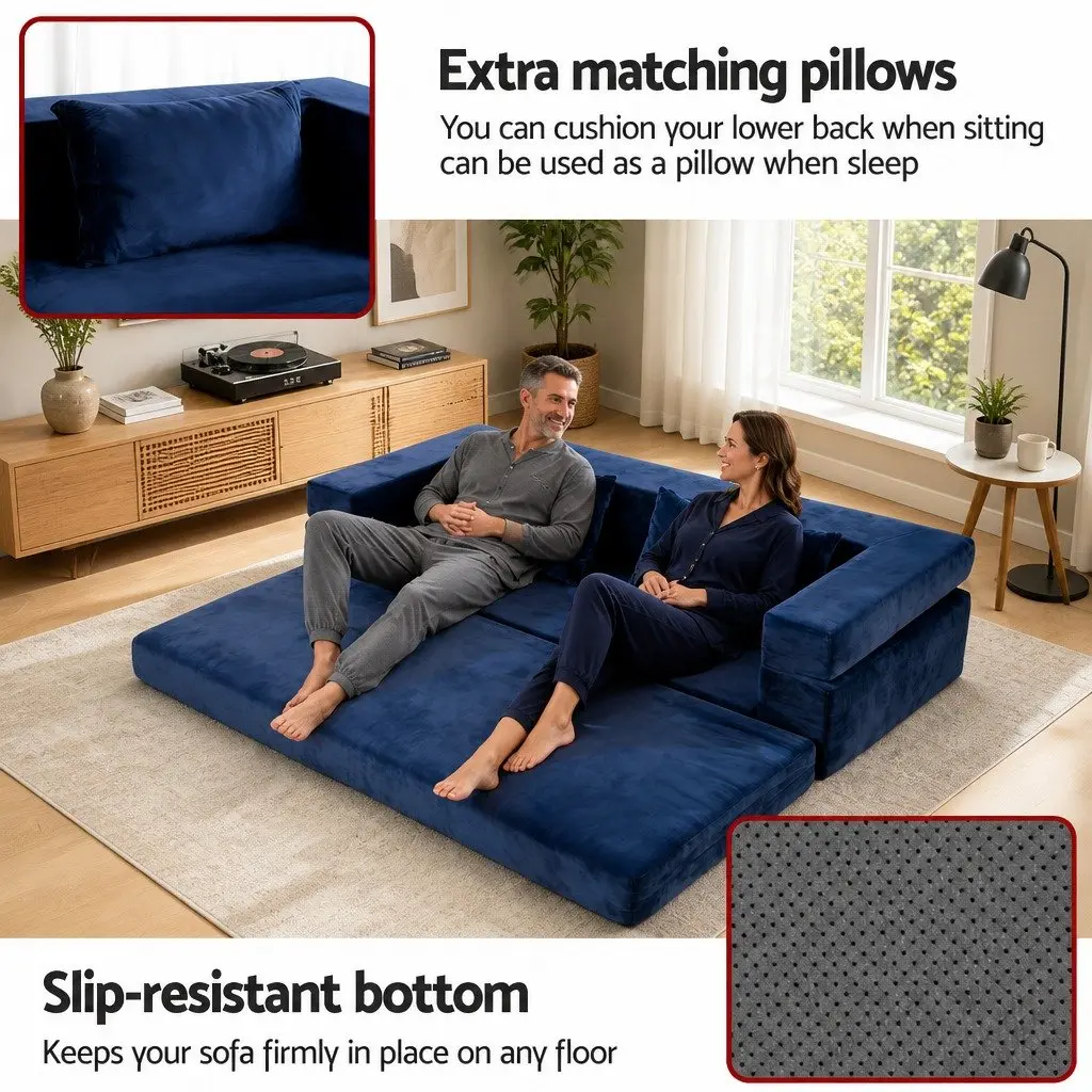 Convertible Sofa Bed Velvet Fabric 3-in-1 Lounger Blue