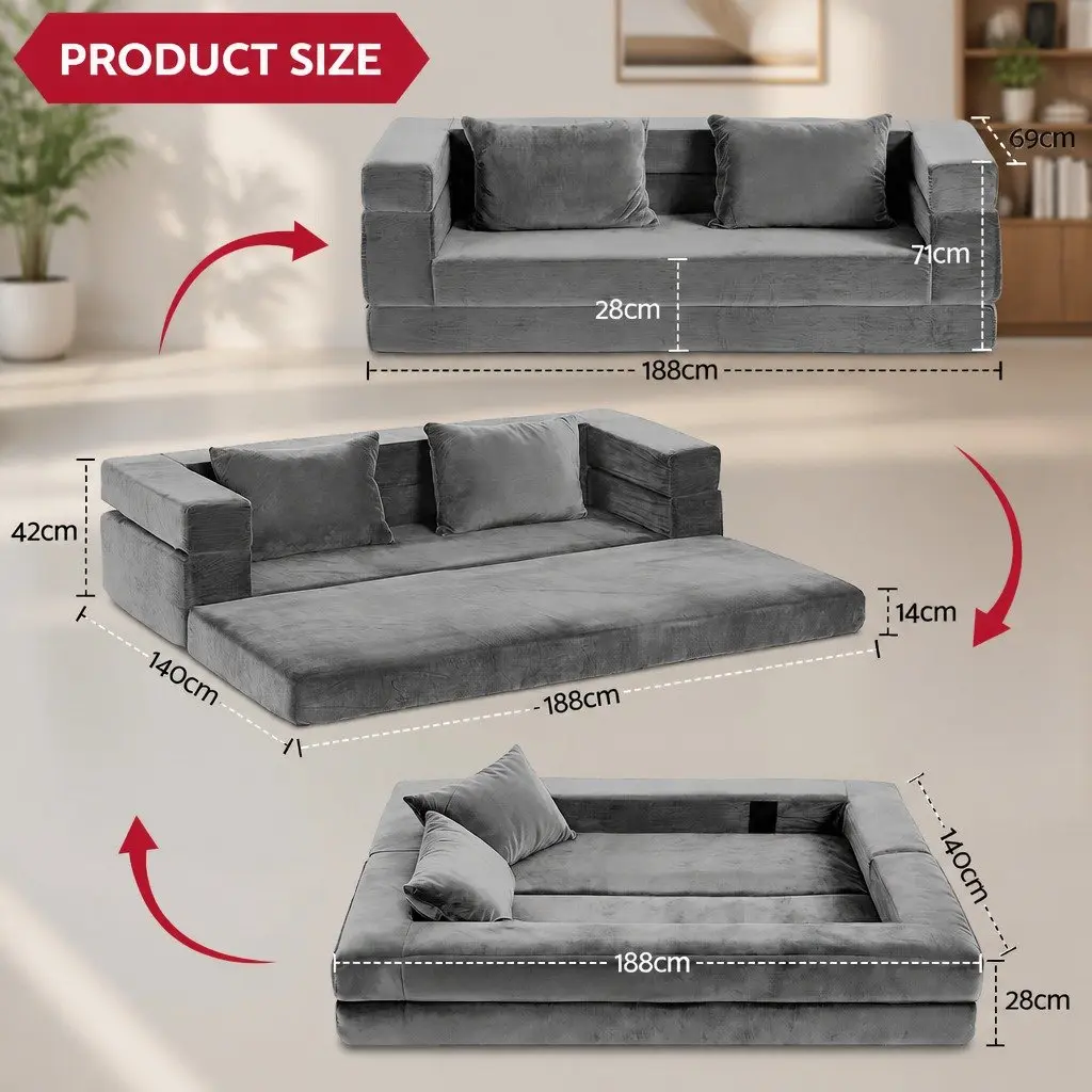 Convertible Sofa Bed Velvet Fabric Grey