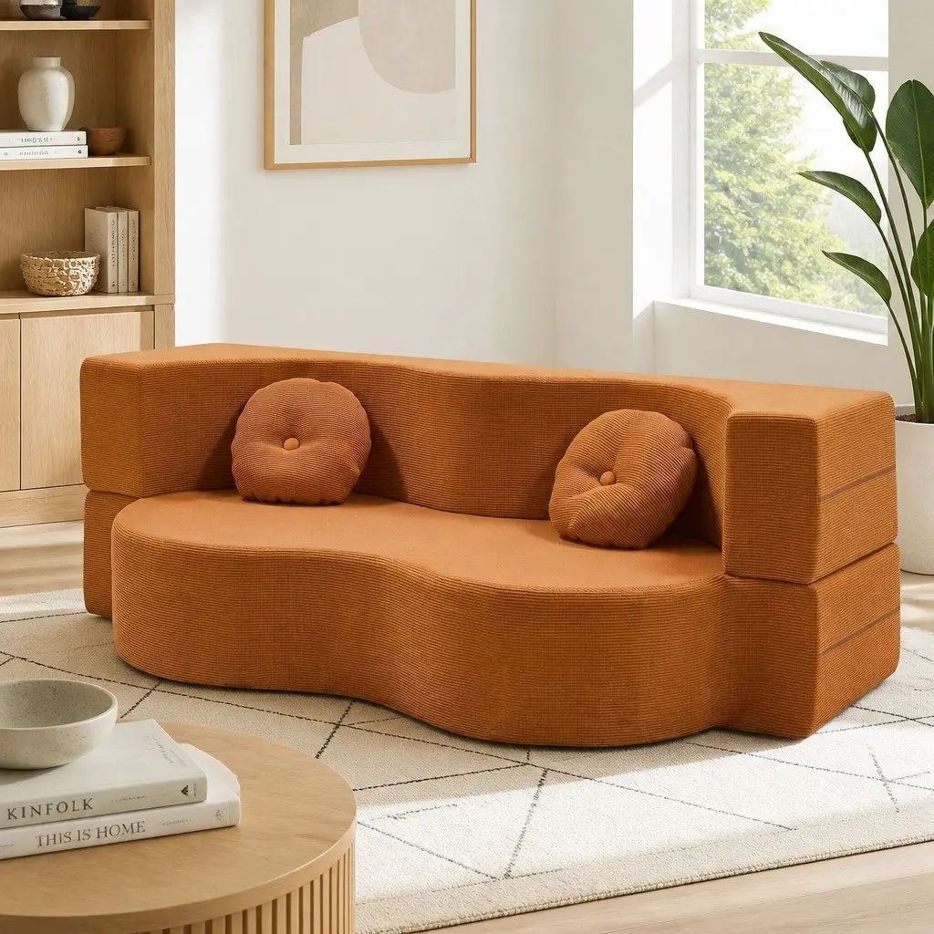 Sofa Bed Corduroy Fabric 203cm Orange 2-in-1 Convertible Floor Couch