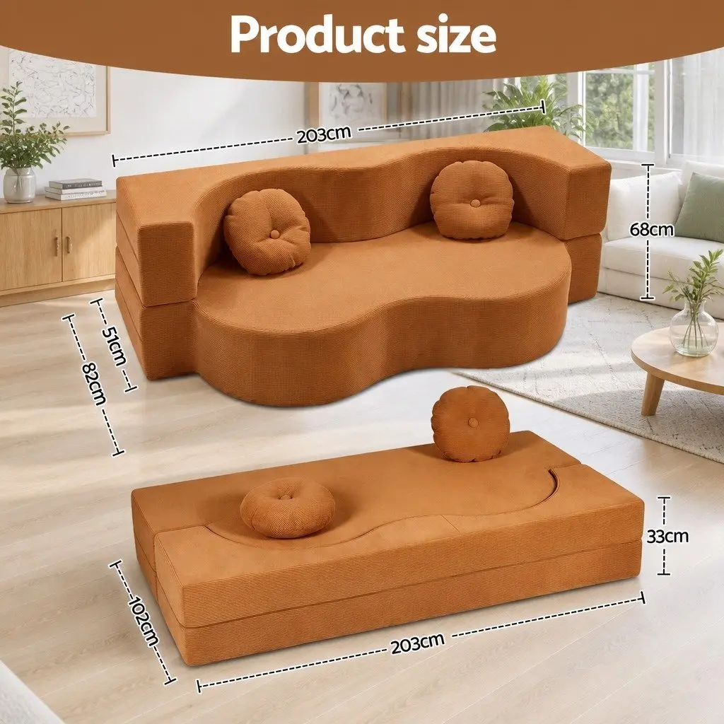 Sofa Bed Corduroy Fabric 203cm Orange 2-in-1 Convertible Floor Couch