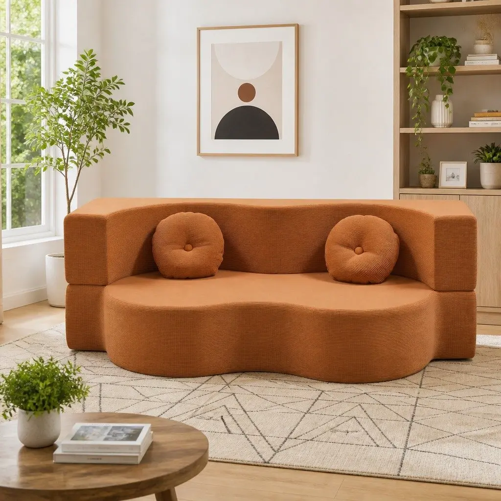 Sofa Bed Corduroy Fabric 203cm Orange 2-in-1 Convertible Floor Couch