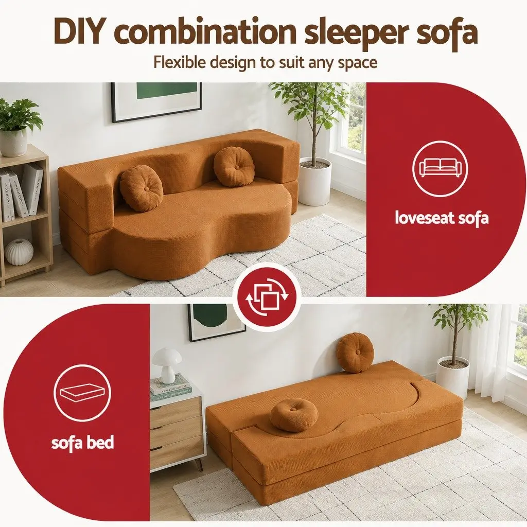 Sofa Bed Corduroy Fabric 203cm Orange 2-in-1 Convertible Floor Couch