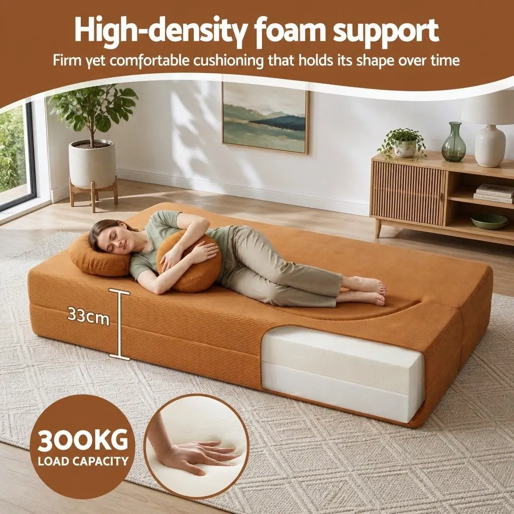 Sofa Bed Corduroy Fabric 203cm Orange 2-in-1 Convertible Floor Couch