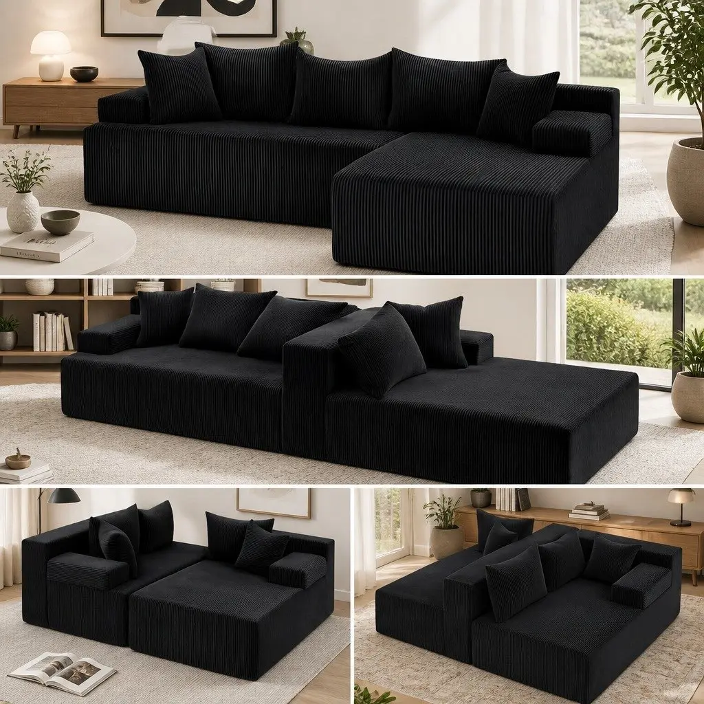 L-Shaped Modular Sectional Sofa Bed Corduroy Fabric 4-Seater Black